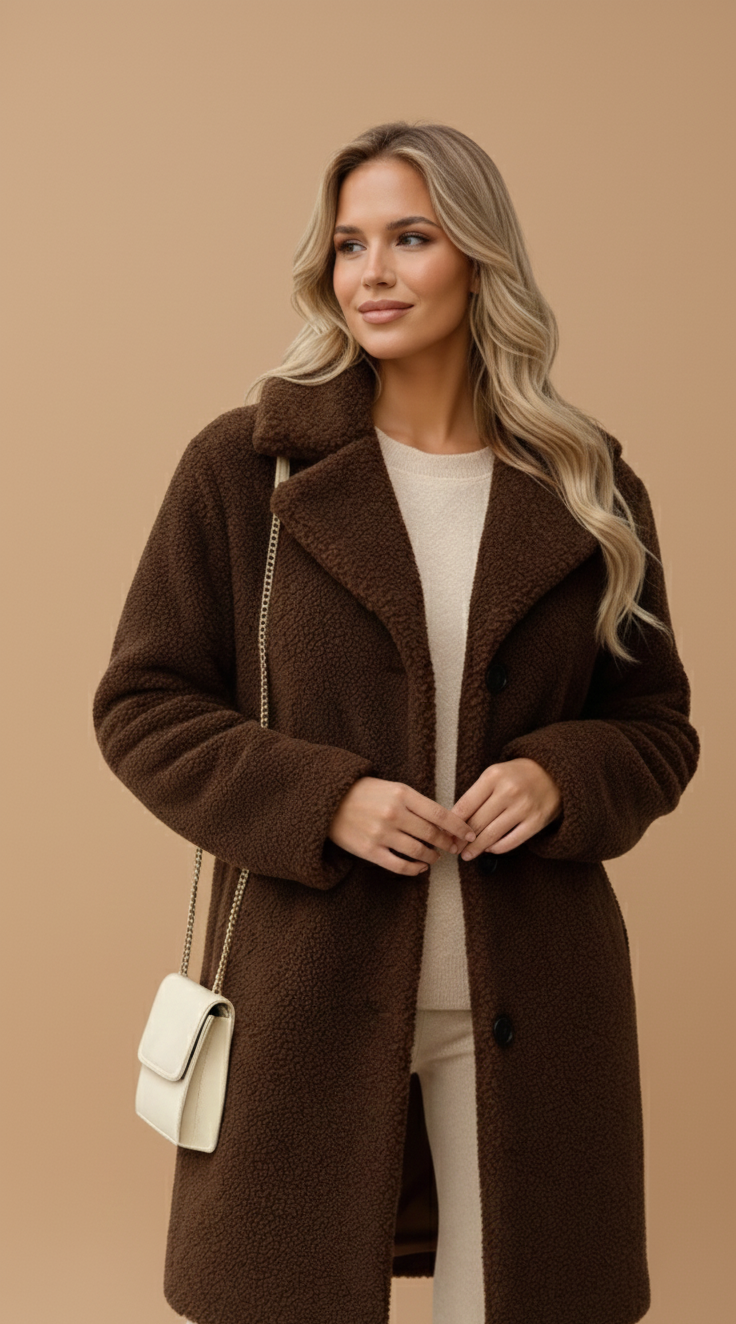 Lange Fleece Citycoat Dames – Teddylook Winterjas Elegante Pasvorm