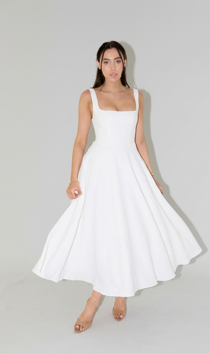 Elira midi jurk dames hoge taille vierkante hals elegant