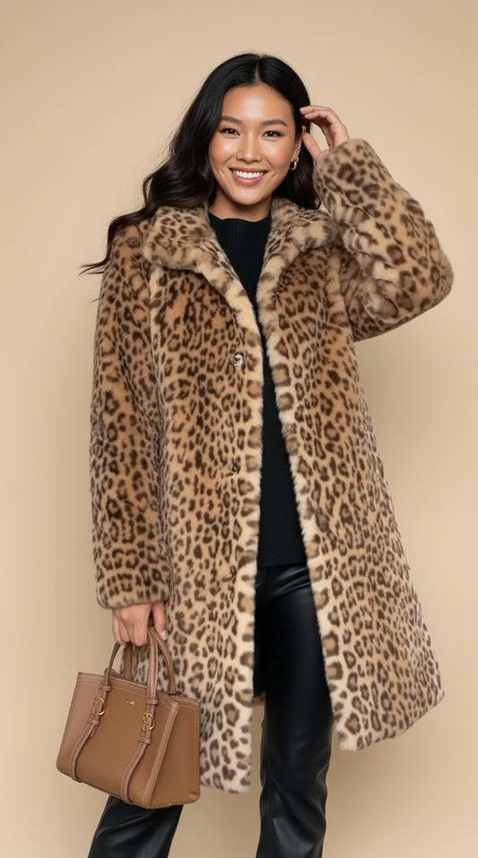 Livia Dames Faux Fur Jas met Luipaardprint voor Winter