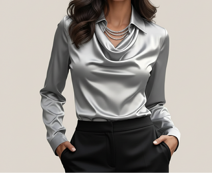 Satijnen Blouse Zilverdroom – Elegante damesblouse met watervalhals