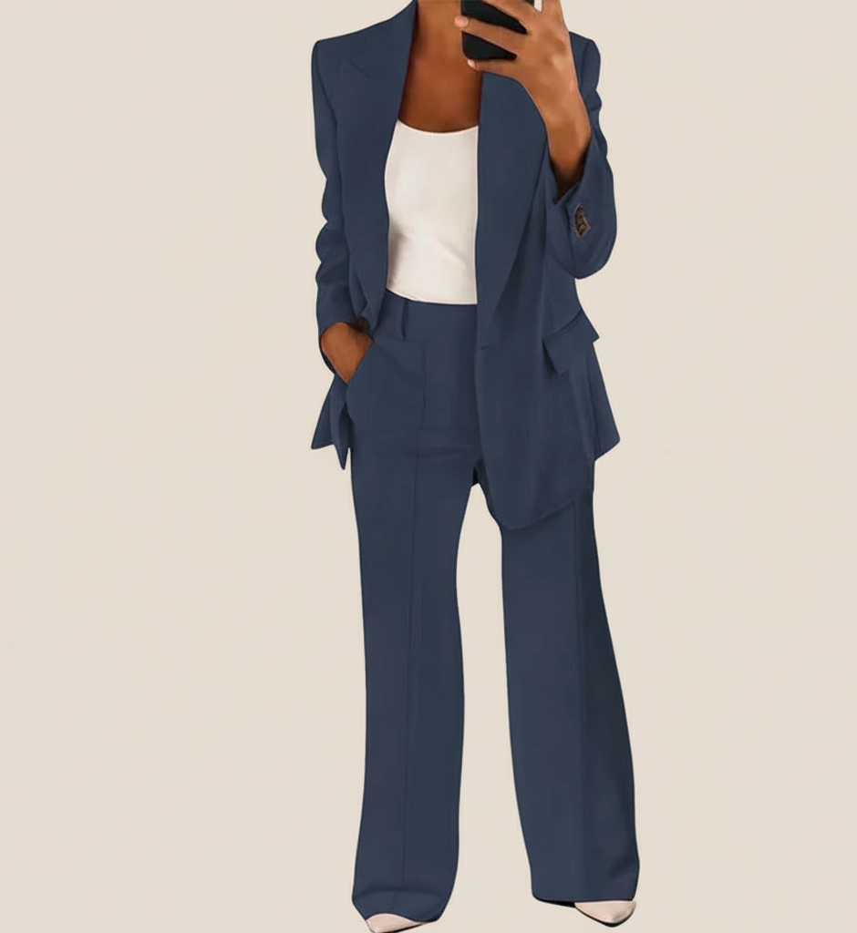 Elegante Dames Broekpak Set met Blazer en Wijde Pijpen