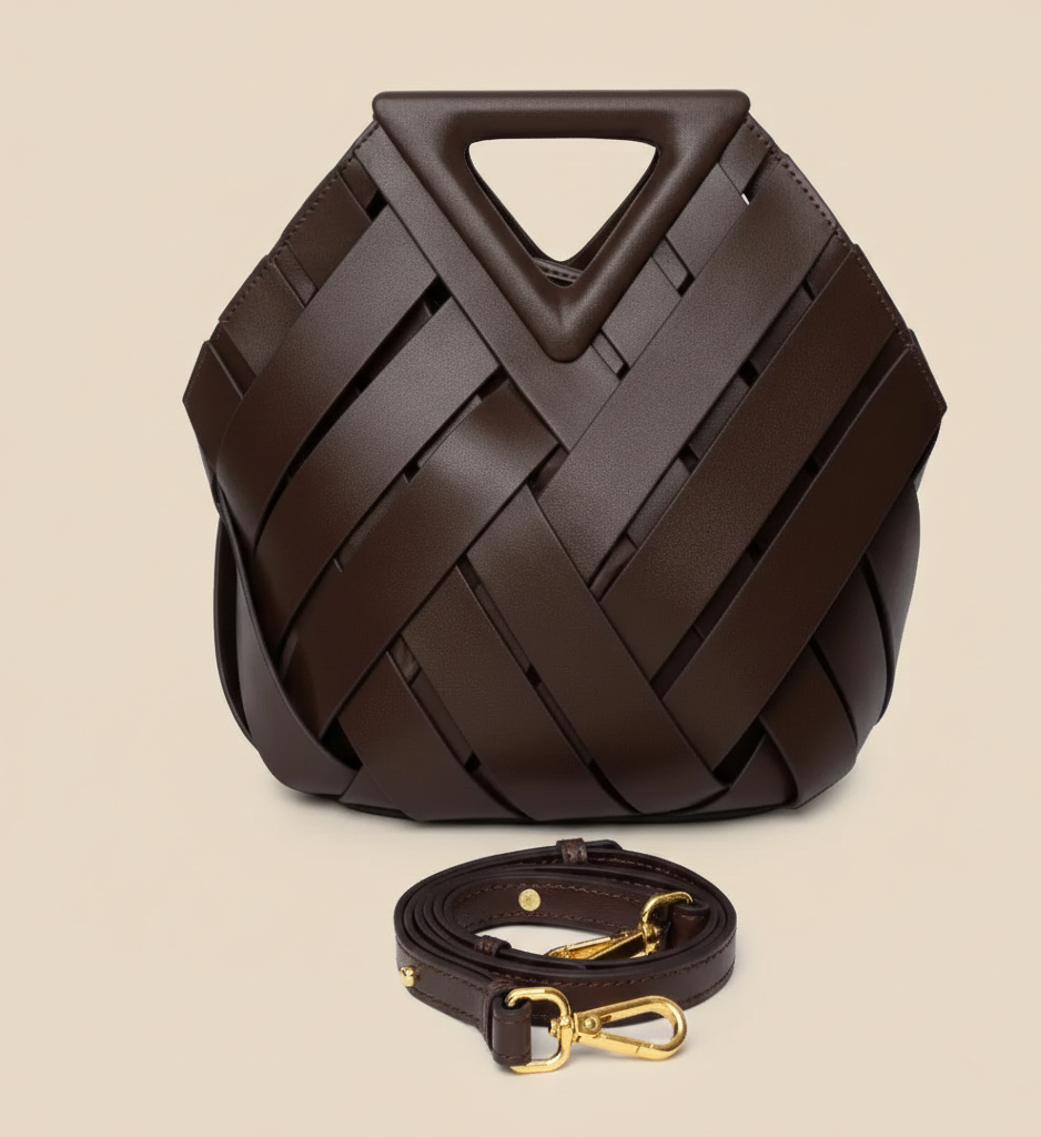 Gevlochten Dames Handtas van Vegan Leer met Driehoekige Handgreep