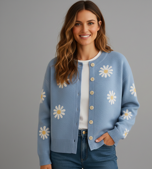 Gebreid Damesvest Elske met Bloemenpatroon en Knoopsluiting