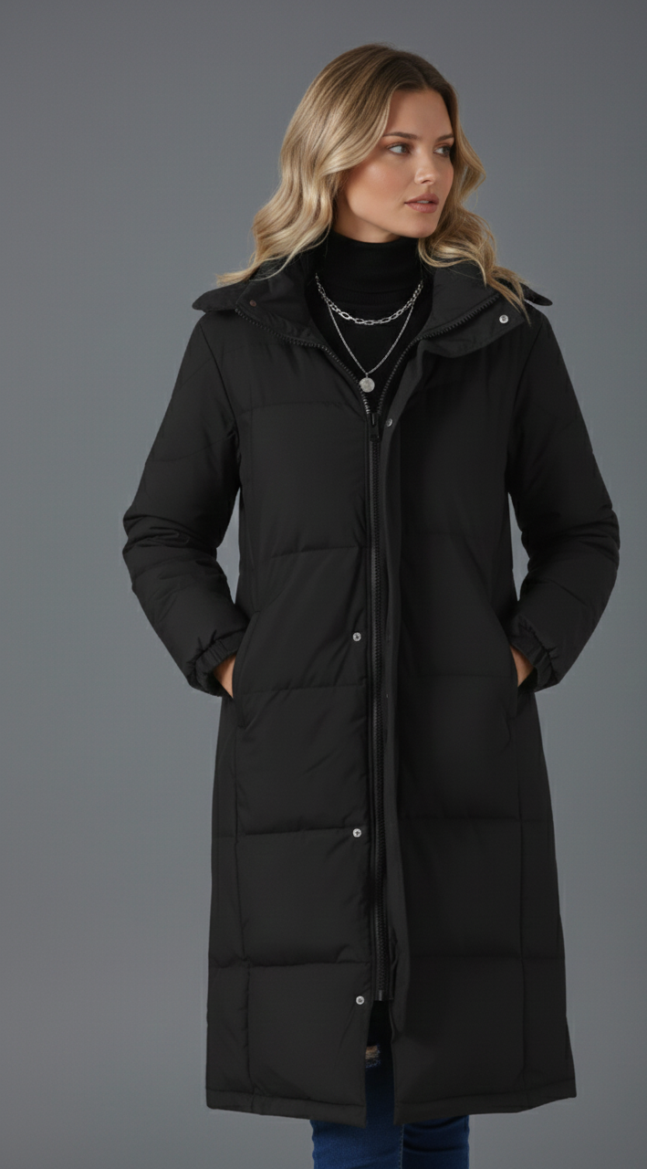 Langewarm Maxi Pufferjas Dames – Slanke Winterjas met Capuchon