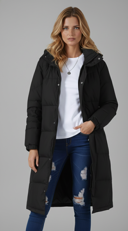 Langewarm Maxi Pufferjas Dames – Slanke Winterjas met Capuchon