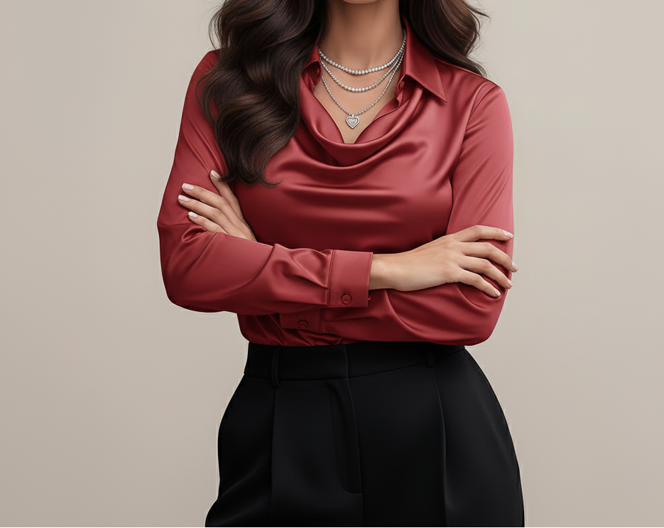 Satijnen Blouse Zilverdroom – Elegante damesblouse met watervalhals