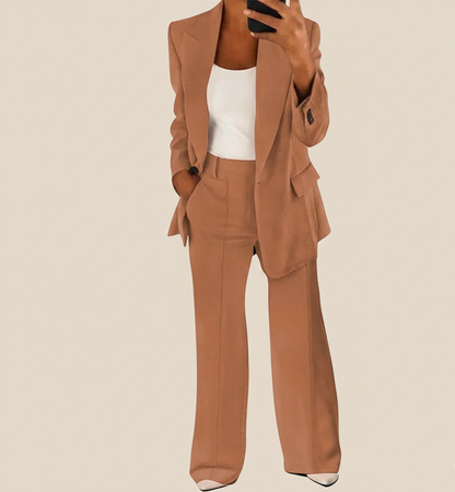 Elegante Dames Broekpak Set met Blazer en Wijde Pijpen