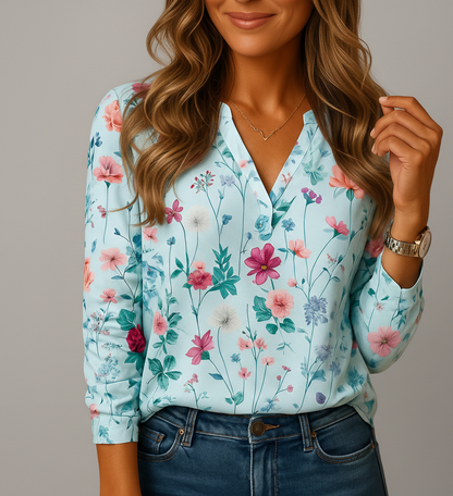 Bloemenblouse Dames Feline met V-hals en Lange Mouwen