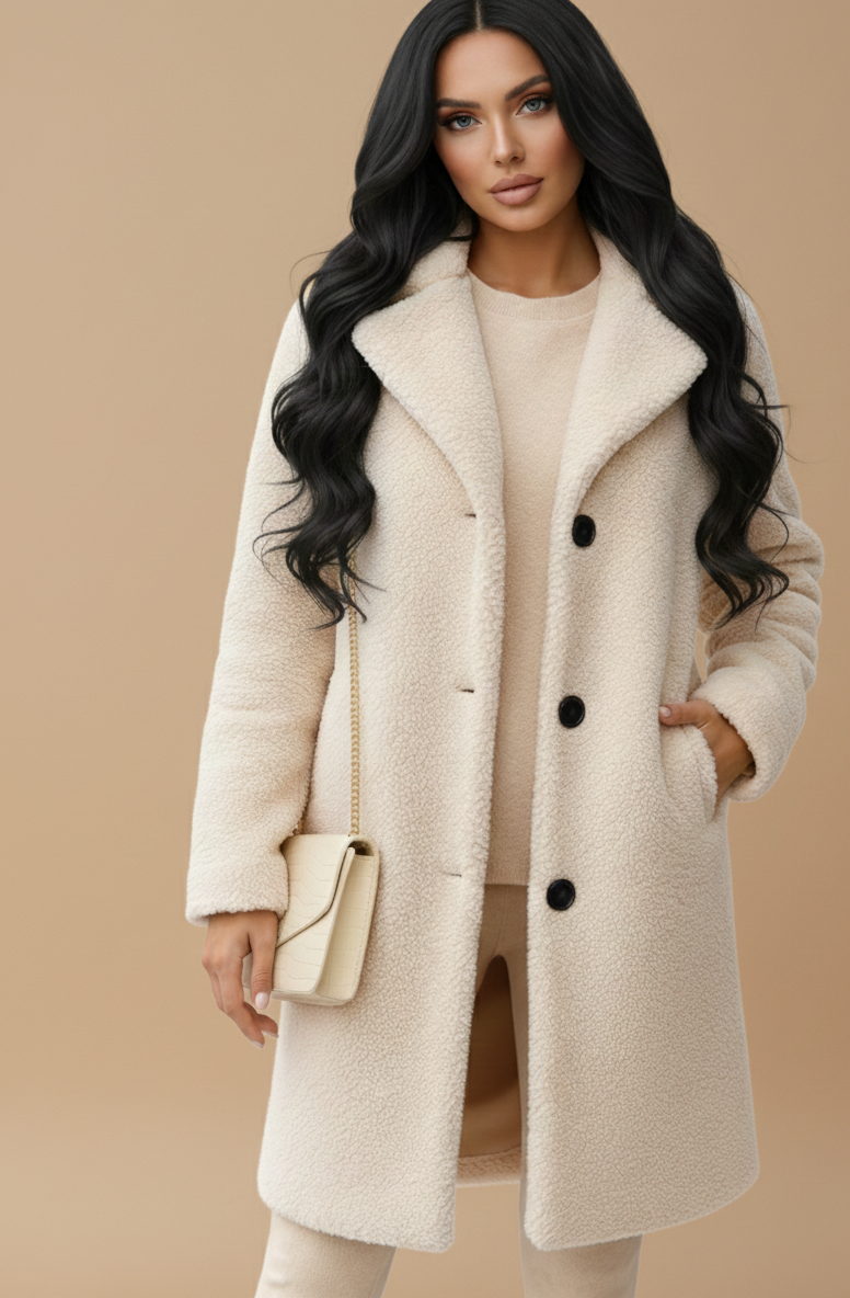 Lange Fleece Citycoat Dames – Teddylook Winterjas Elegante Pasvorm