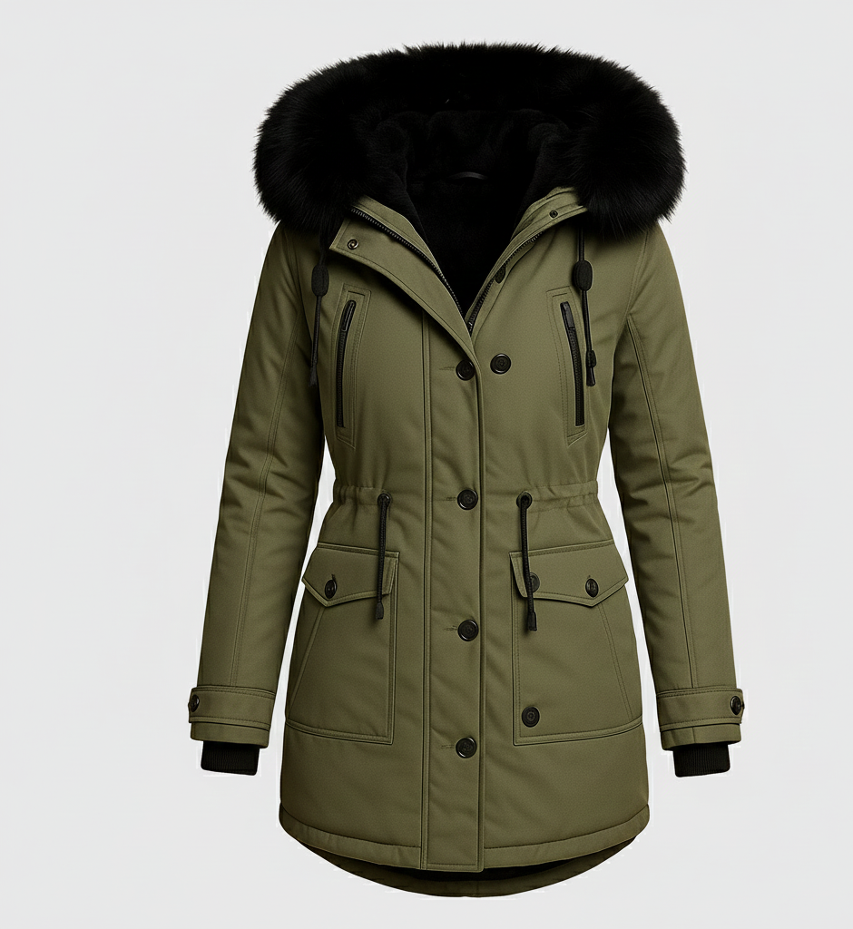 Elara Lange Damesjas met Luxe Bontkraag en Comfortabele Isolatie