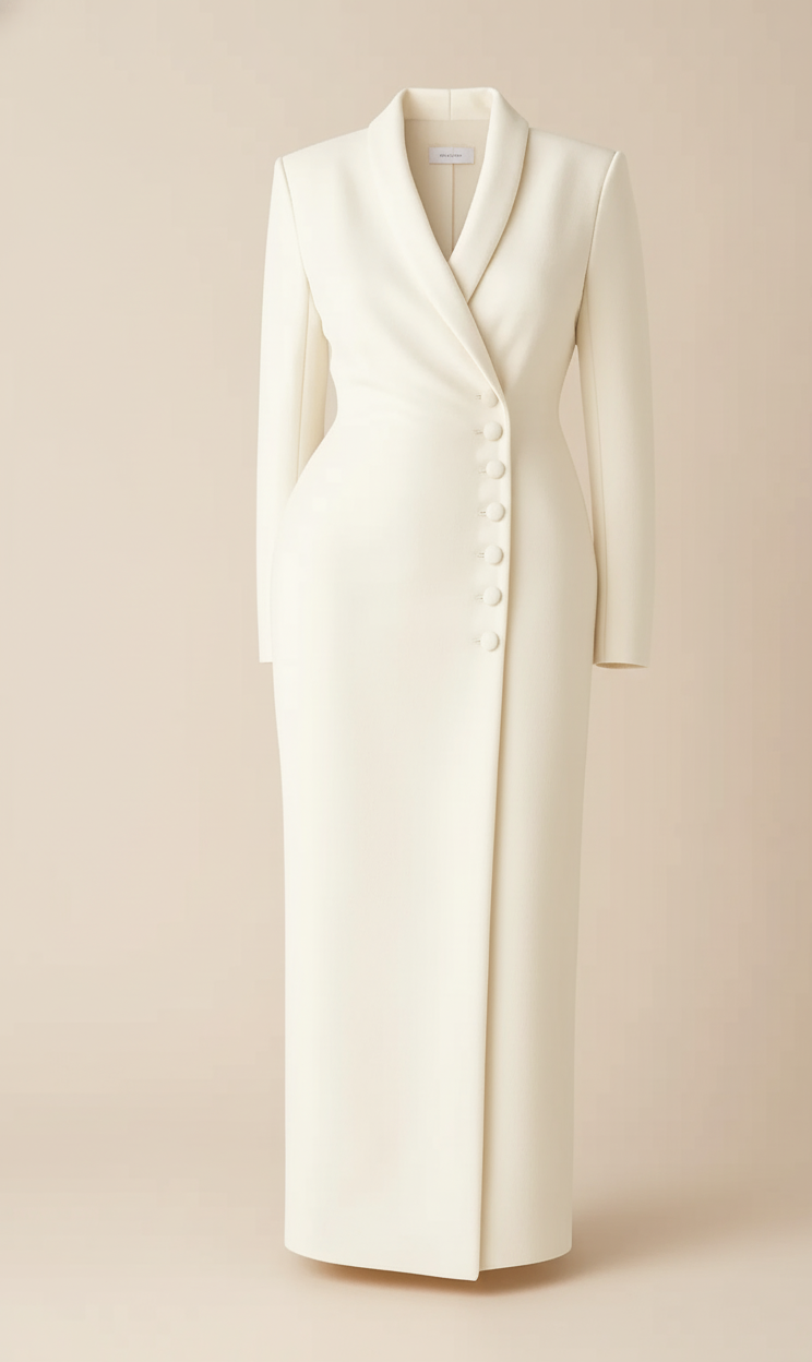 Lange Damesjas Aurora – Asymmetrische Sluiting & Elegante Pasvorm