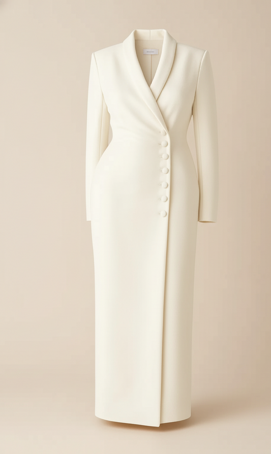 Lange Damesjas Aurora – Asymmetrische Sluiting & Elegante Pasvorm