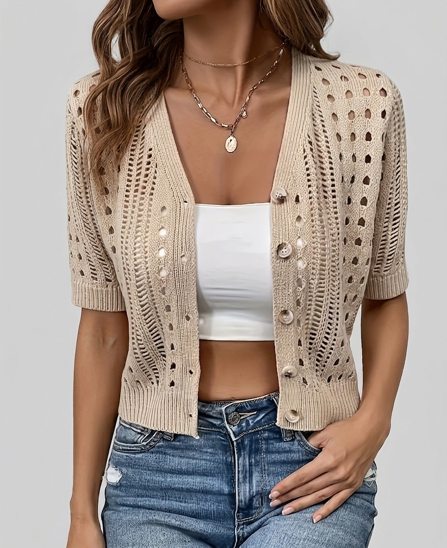 Solenya Dames Korte Cardigan met Gehaakt Patroon