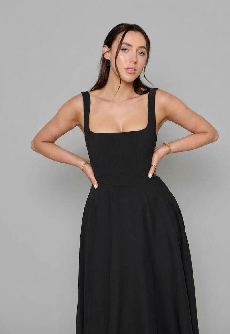 Elira midi jurk dames hoge taille vierkante hals elegant