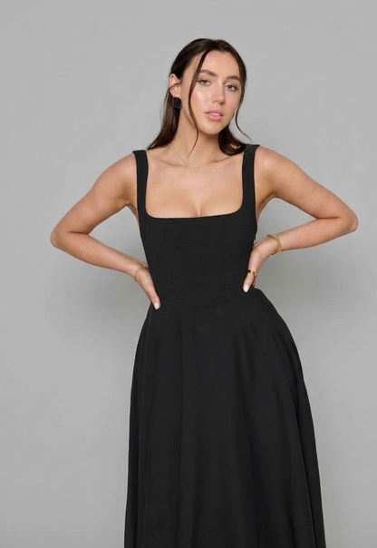 Elira midi jurk dames hoge taille vierkante hals elegant