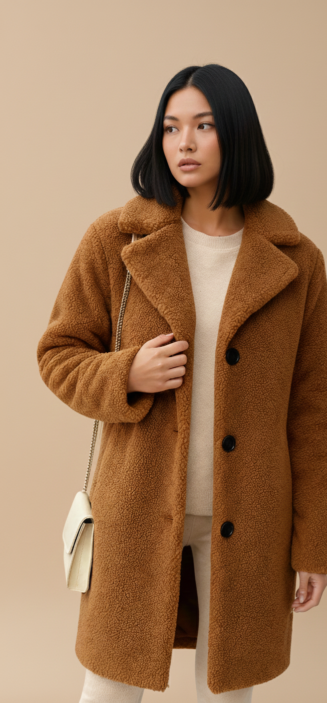 Lange Fleece Citycoat Dames – Teddylook Winterjas Elegante Pasvorm