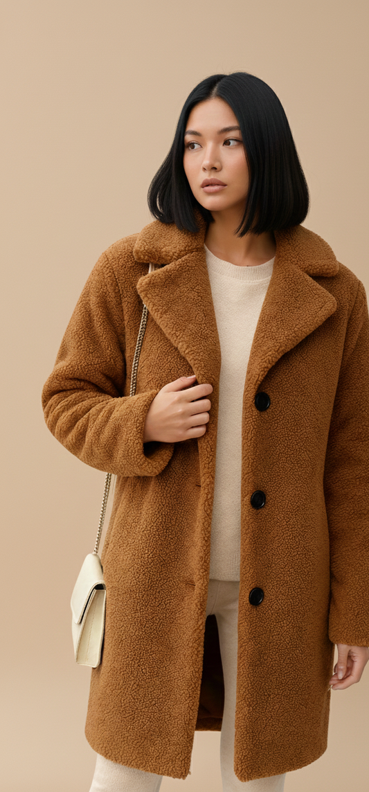 Lange Fleece Citycoat Dames – Teddylook Winterjas Elegante Pasvorm