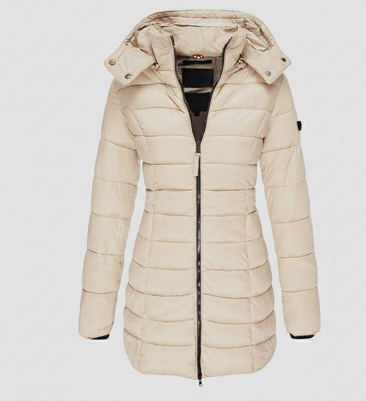 ThermoLicht lange dames pufferjas met capuchon en warm gevoerd