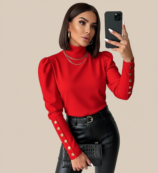 Lunara dames top met gouden knoopdetails en hoge hals