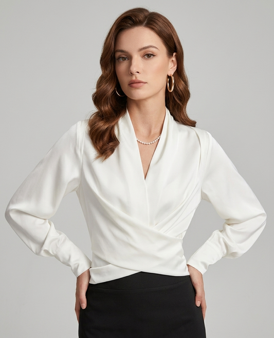 Elvira Satijnen Damesblouse met Pofmouwen en Geplooide Taille