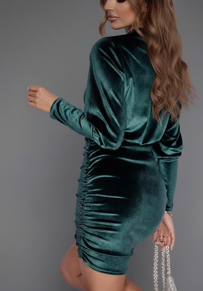 Smaragdglans Fluwelen Mini Jurk voor Dames met Gepofte Schouders