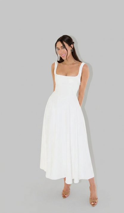 Elira midi jurk dames hoge taille vierkante hals elegant