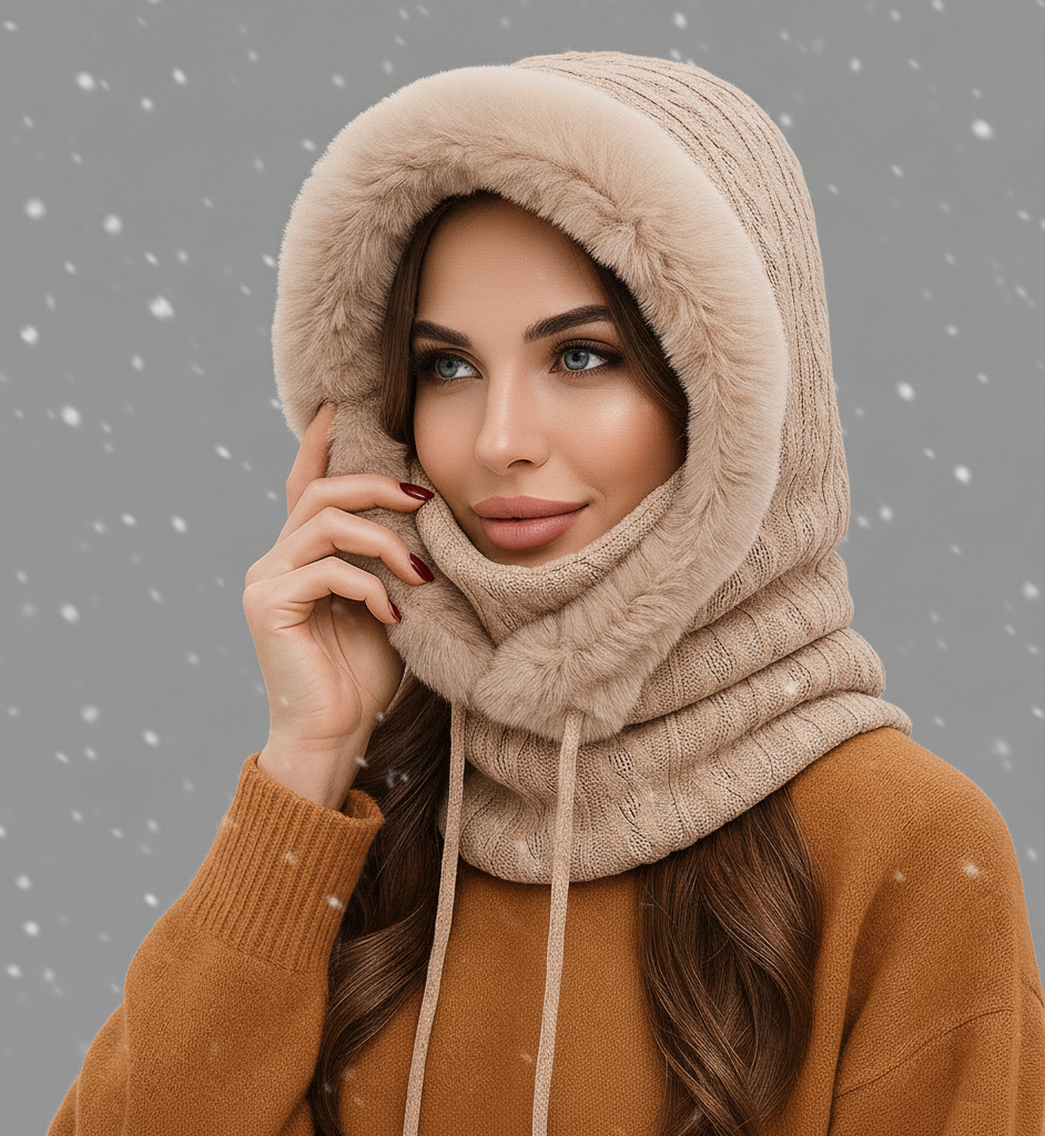 Warme Dames Winterset met Gebreide Stof en Capuchon met Bontlook