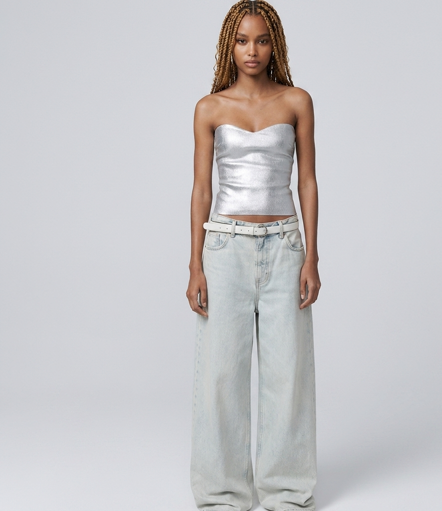 Lunéa strapless metallic damestop glanzende party top chic