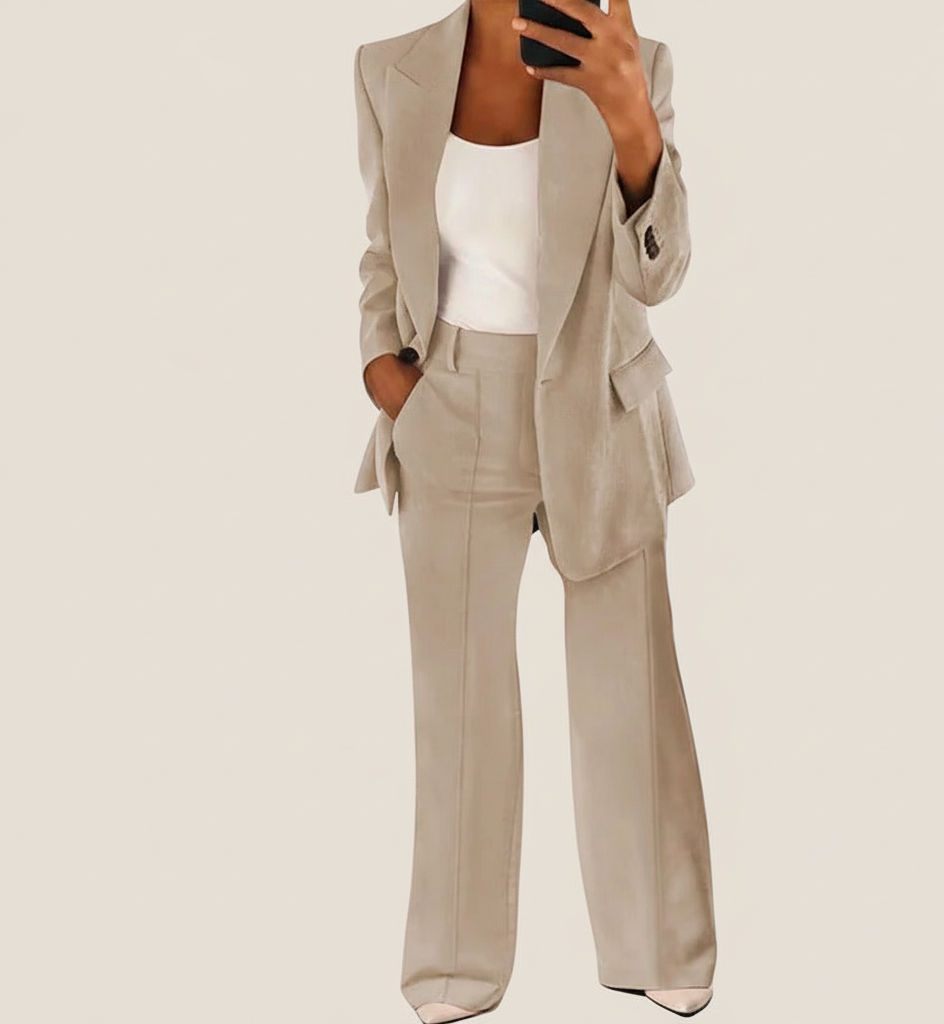 Elegante Dames Broekpak Set met Blazer en Wijde Pijpen