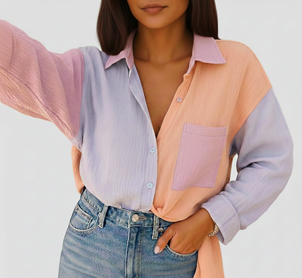 Dames Patchwork Blouse Amelise – Luchtig Comfort in Levendige Kleuren