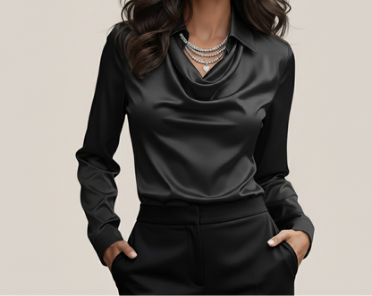 Satijnen Blouse Zilverdroom – Elegante damesblouse met watervalhals