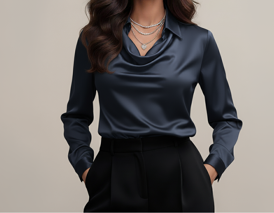 Satijnen Blouse Zilverdroom – Elegante damesblouse met watervalhals