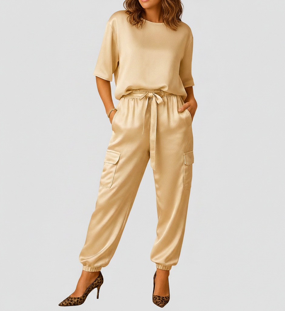 Dames Satijnen Tweedelige Set Amarante – Half Mouw Top en Rechte Broek