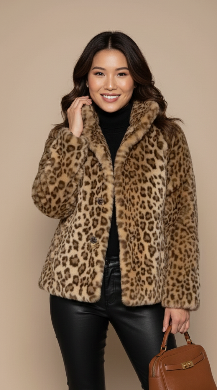 Livia Dames Faux Fur Jas met Luipaardprint voor Winter