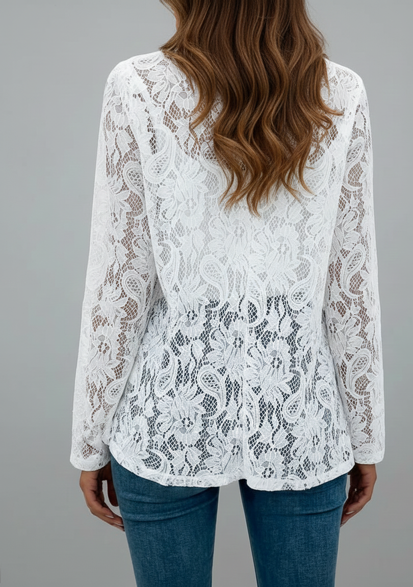 Dames kanten blazer met transparante stof en elegante driekwart mouw