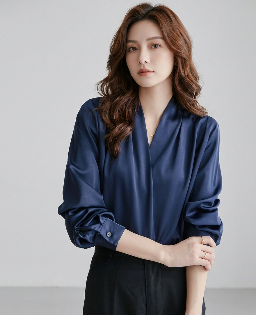Elvira Satijnen Damesblouse met Pofmouwen en Geplooide Taille