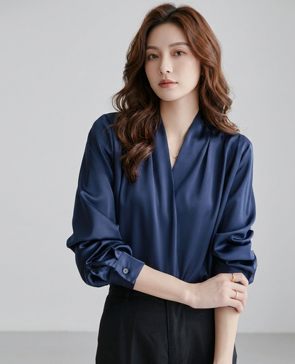 Elvira Satijnen Damesblouse met Pofmouwen en Geplooide Taille
