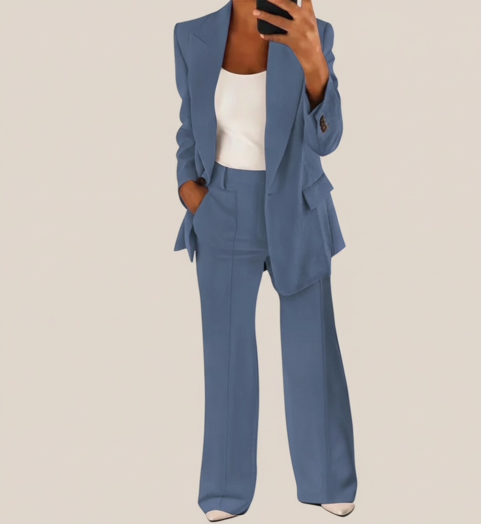 Elegante Dames Broekpak Set met Blazer en Wijde Pijpen