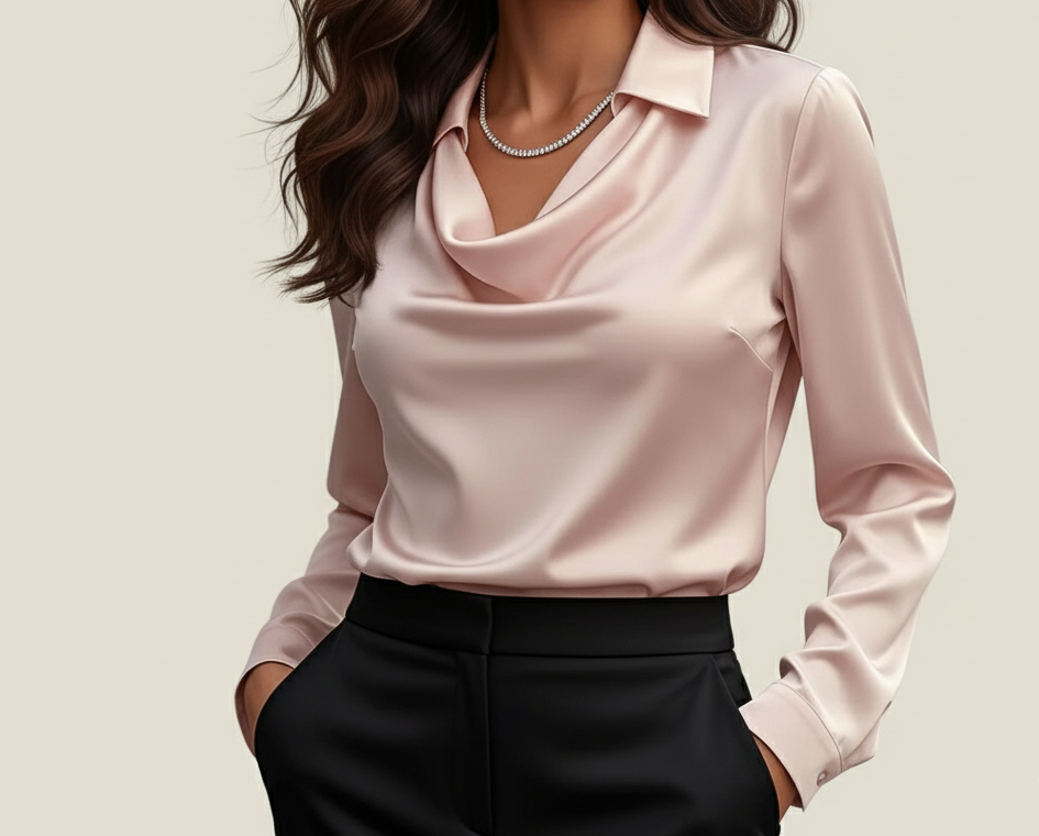 Satijnen Blouse Zilverdroom – Elegante damesblouse met watervalhals