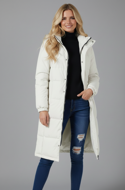 Langewarm Maxi Pufferjas Dames – Slanke Winterjas met Capuchon