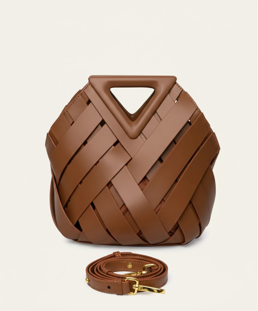 Gevlochten Dames Handtas van Vegan Leer met Driehoekige Handgreep