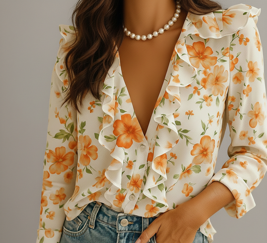 Elegante Damesblouse “Sereen” – Ruches & Vlinderprint voor Stijlvol Outfit