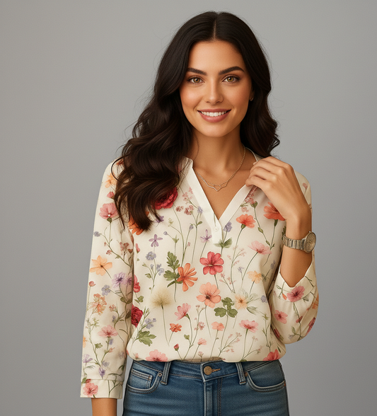 Bloemenblouse Dames Feline met V-hals en Lange Mouwen