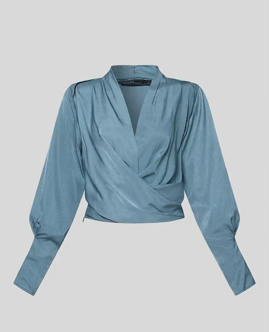 Elvira Satijnen Damesblouse met Pofmouwen en Geplooide Taille