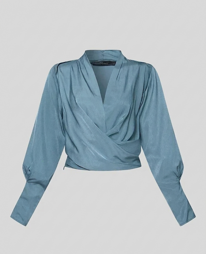 Elvira Satijnen Damesblouse met Pofmouwen en Geplooide Taille