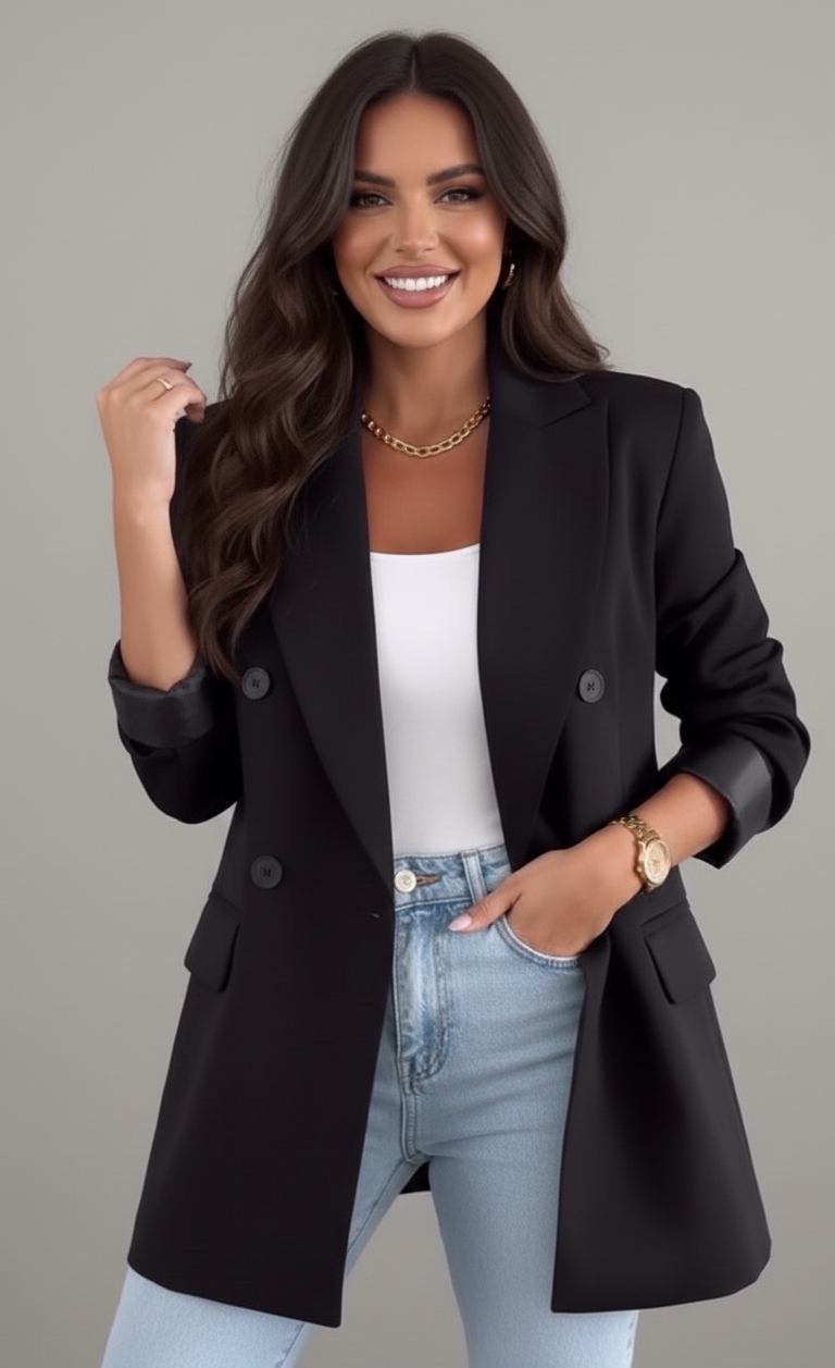 Elvora Lange Damesblazer met Dubbele Knoopsluiting