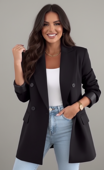 Elvora Lange Damesblazer met Dubbele Knoopsluiting