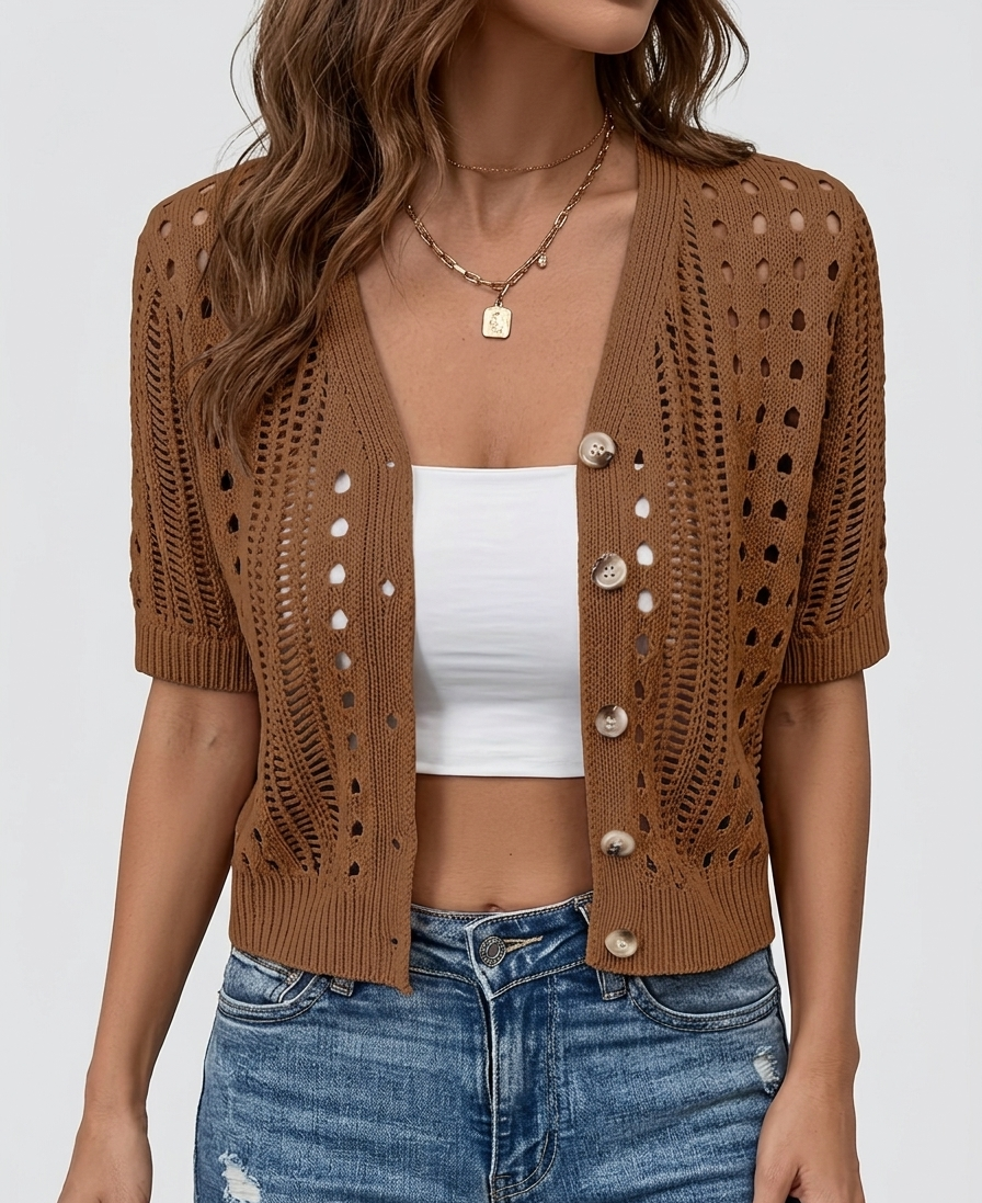 Solenya Dames Korte Cardigan met Gehaakt Patroon