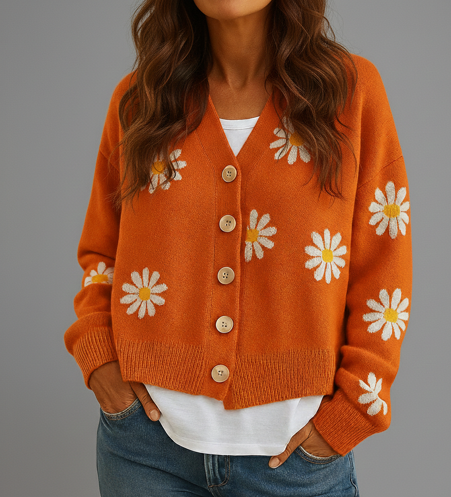 Gebreid Damesvest Elske met Bloemenpatroon en Knoopsluiting