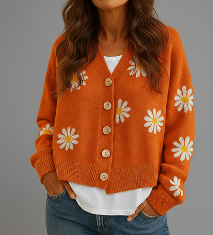 Gebreid Damesvest Elske met Bloemenpatroon en Knoopsluiting
